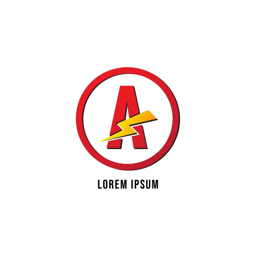 letra una plantilla de diseño de logotipo aislada sobre fondo blanco. alfabeto y trueno con el concepto de logotipo de marco de elipse. color de gradación rojo, dorado o amarillo y naranja. vector