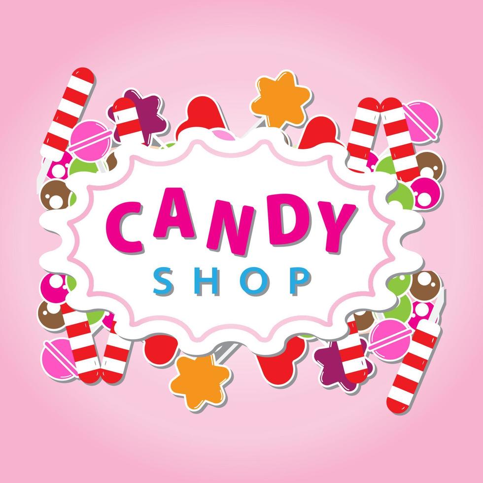 Candy Shop banner with sweets on pink color background.  Suitable for social media post or print media promotion. Vector illustration design template.