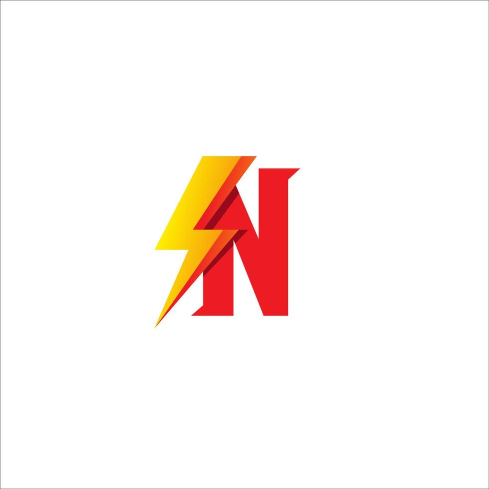 plantilla de diseño de logotipo inicial de letra n aislada sobre fondo blanco. alfabeto con concepto de logo de forma de trueno. tema de color de gradación rojo y amarillo naranja caliente. vector