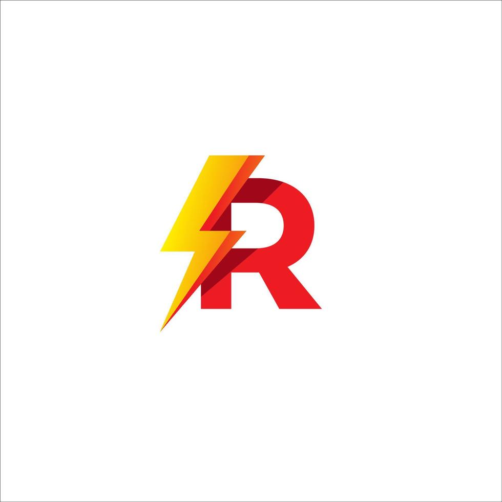 plantilla de diseño de logotipo inicial de letra r aislada sobre fondo blanco. alfabeto con concepto de logo de forma de trueno. tema de color de gradación rojo y amarillo naranja caliente vector