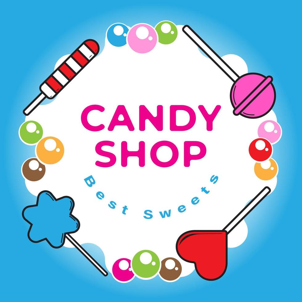 pancarta de la tienda de dulces con dulces en el fondo de color azul. adecuado para plantilla de publicación en redes sociales o promoción en medios impresos vector