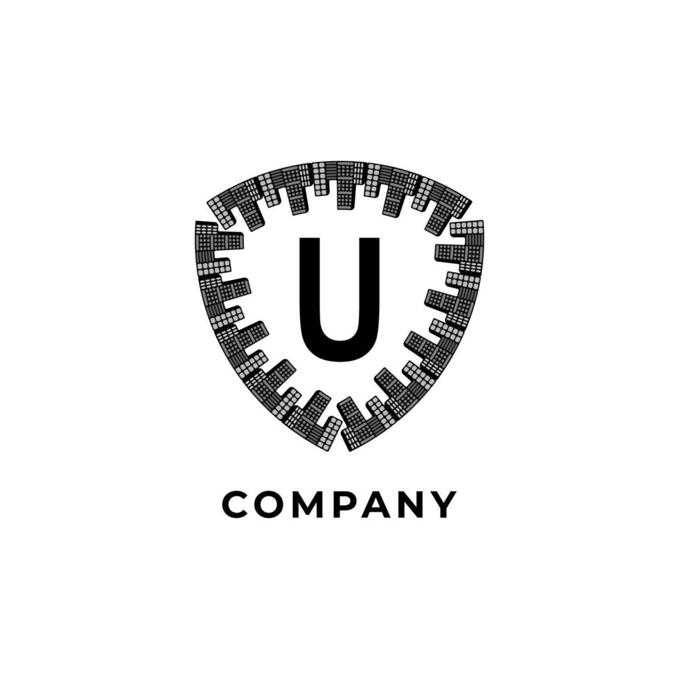 Letter U Alphabet Logo Design Template. Town shield illustration. isolated on white background. Insurance, Security, Protection Logo Concept. vector
