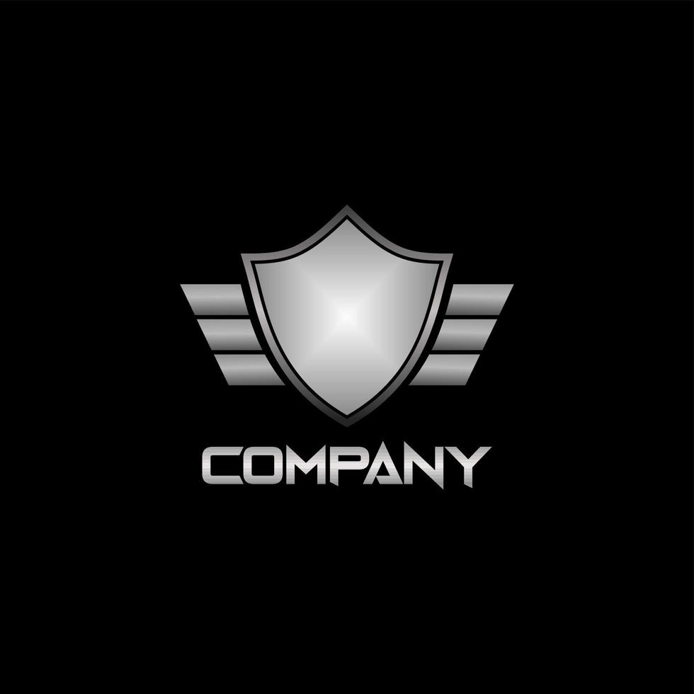 Security Logo Design Template Isoalted on black color background. Metal Shield and Wings Element Logo Concept. vector