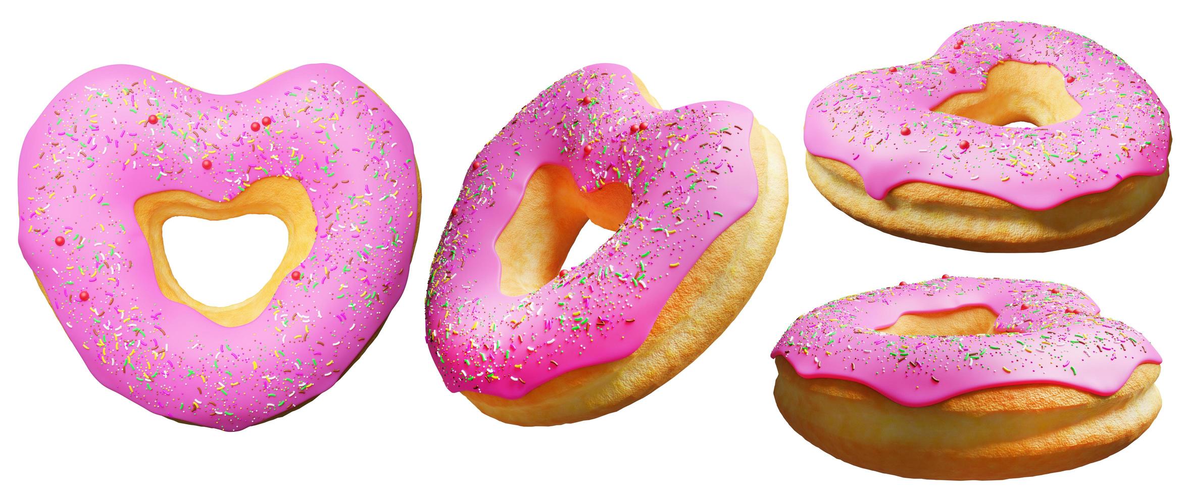 Heart shaped pink donuts with topping isolated on white background ,doughnut 3d rendering photo