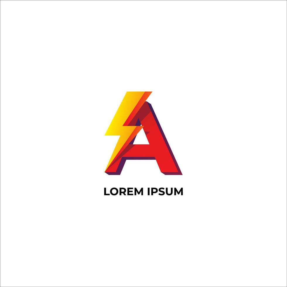 Letter A Logo Design Template. Alphabet and Thunder Logo Concept. Red, Yellow Orange Gradation Color. vector