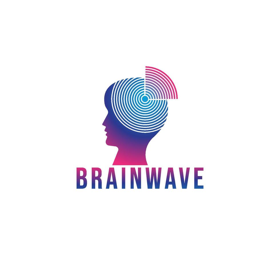 Brainwave logo design template. Silhouette of a people head with signal waves radiating out. Blue Magenta violet purple gradation color. Isolated on white background vector