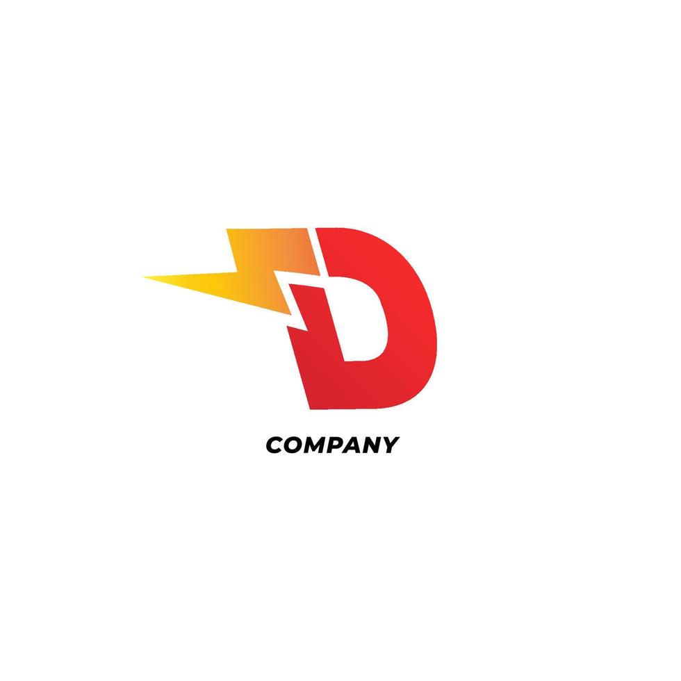 Letter D Initial Logo Design Template. Alphabet with thunder icon logo concept. Red, Yellow Orange Gradation Color Theme.  Isolated On White Background. vector