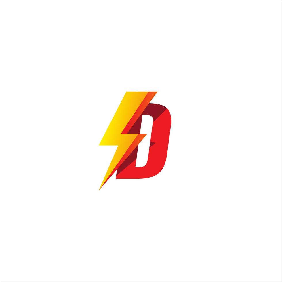 plantilla de diseño de logotipo inicial de letra d. alfabeto con concepto de logo de forma de trueno. aislado sobre fondo blanco. tema de color de gradación rojo y amarillo naranja caliente. vector