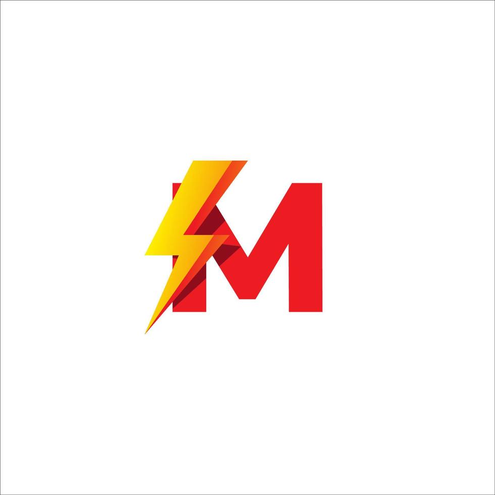 plantilla de diseño de logotipo inicial de letra m. alfabeto con concepto de logo de forma de trueno. tema de color de gradación rojo y amarillo naranja caliente. aislado sobre fondo blanco. vector
