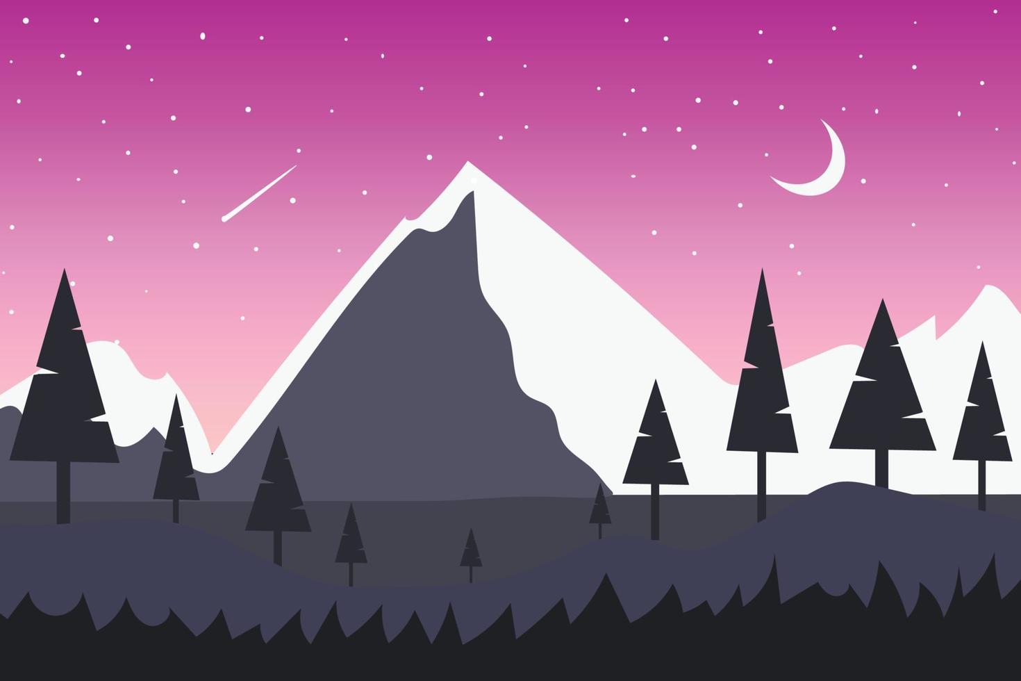 Mountain view with snow white hills and dark purple hills under pink cloudy sky. White moon background with bright shooting stars with parallax view of snow white hills, cartoon vector illustration.