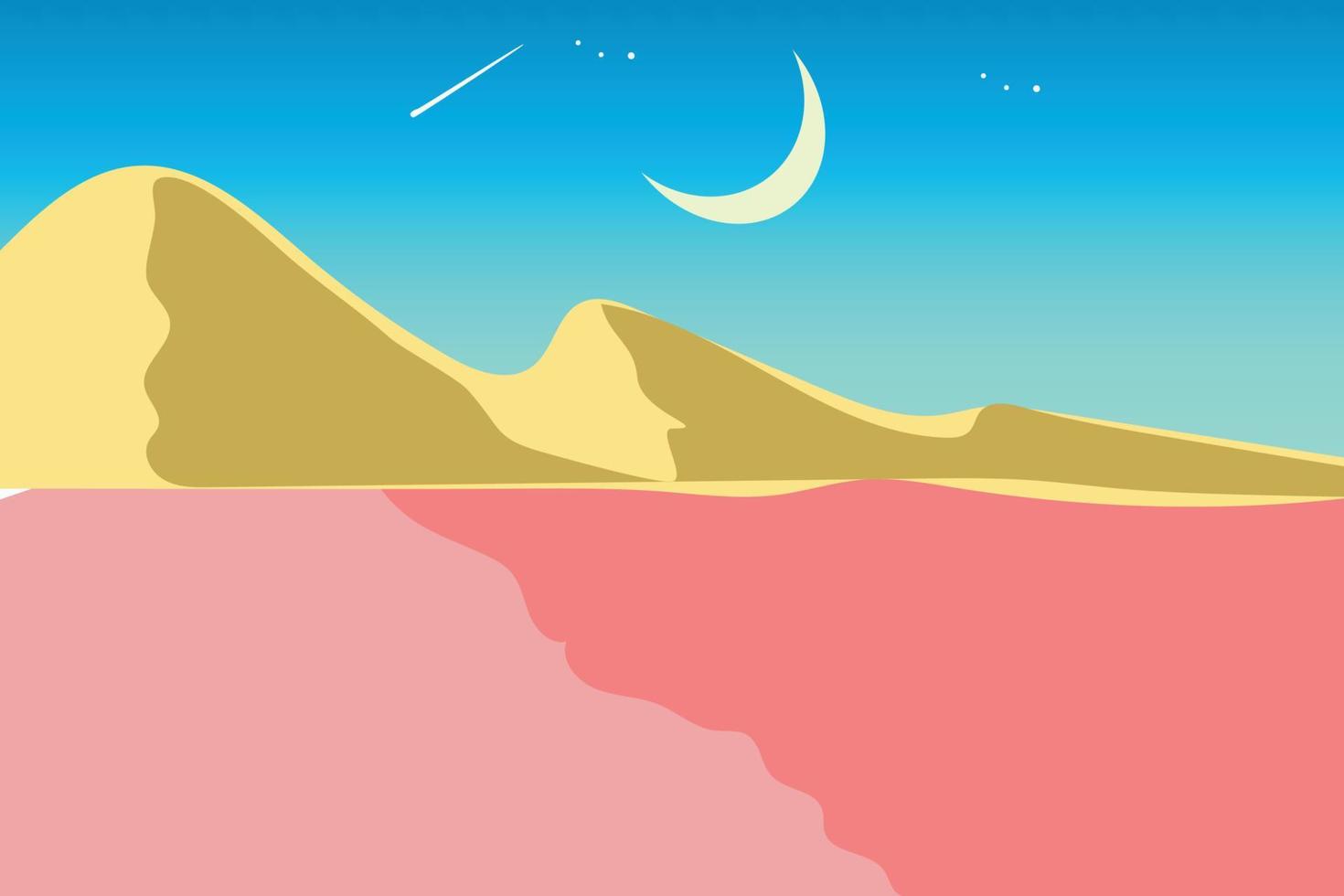View of pink desert and golden yellow hills under blue cloudy sky. White moon background with bright shooting stars vector