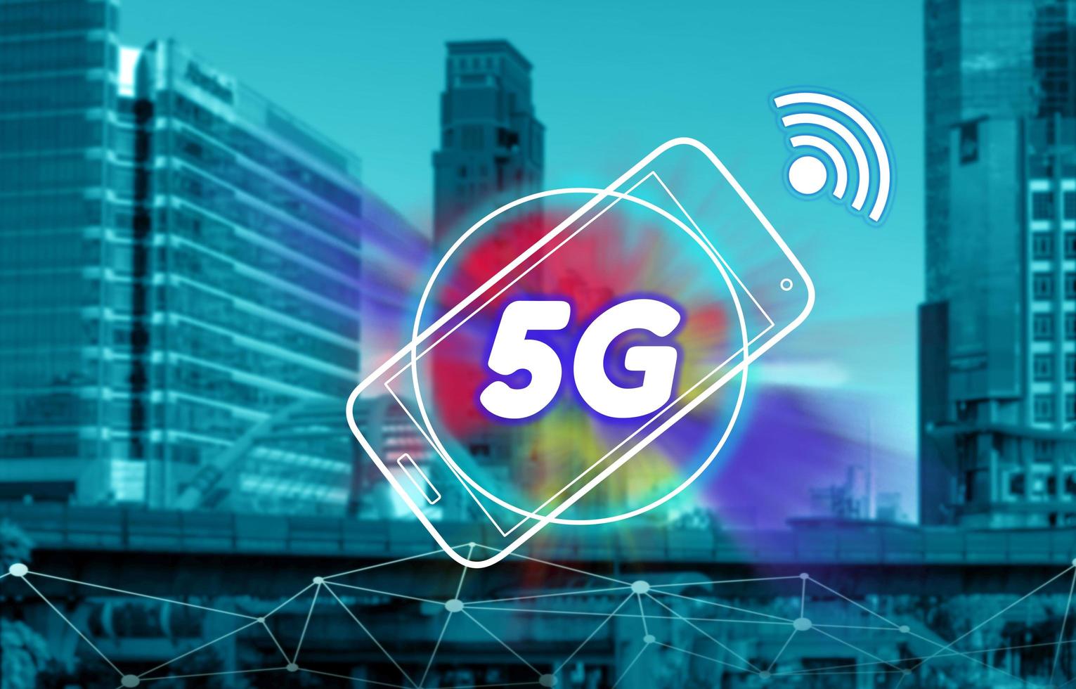 mobile smart phone with 5G network interface and icon concept and cityscape photo
