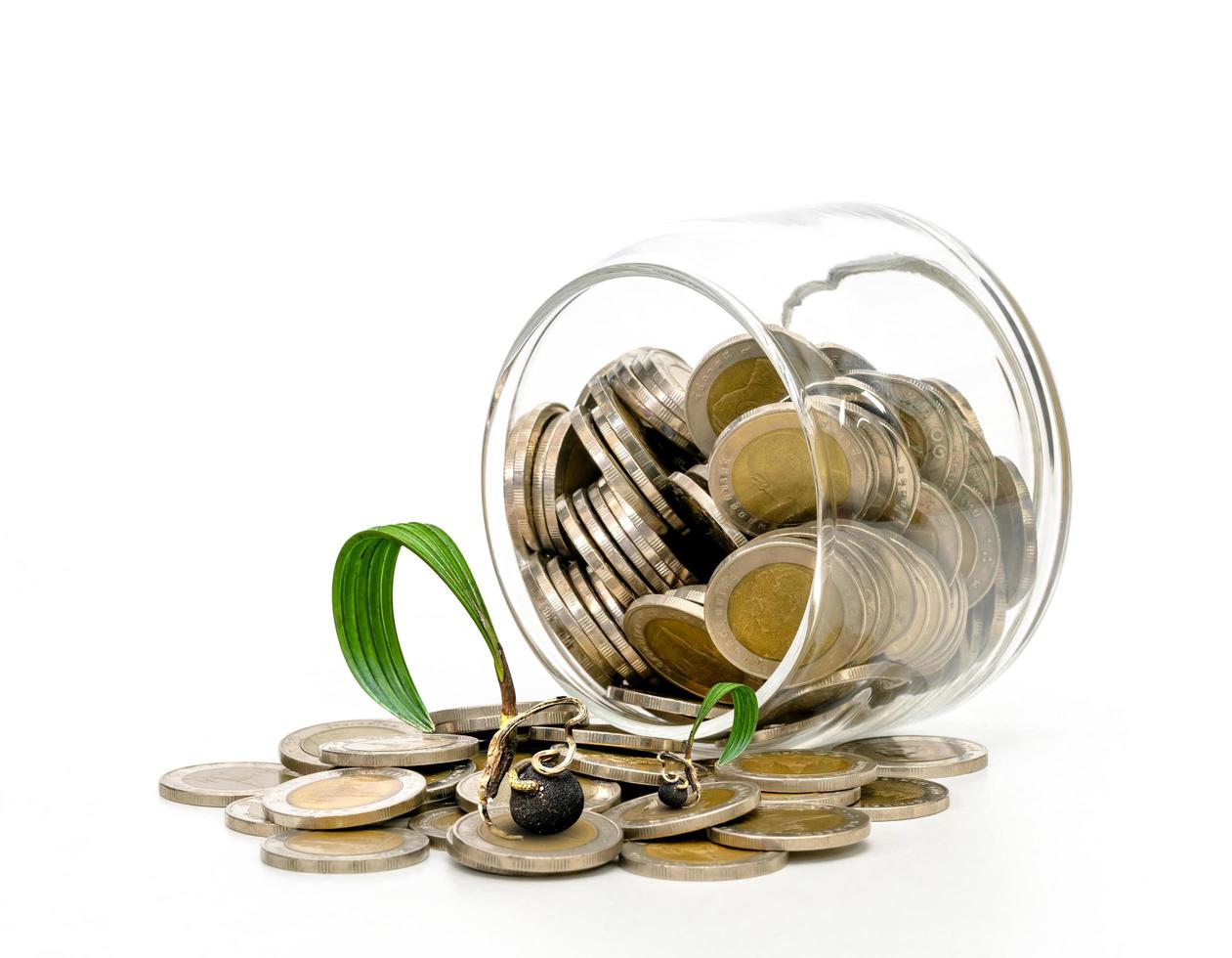 monedas en botella de vidrio y árbol sobre fondo blanco, ahorro e inversión empresarial o concepto de crecimiento económico foto