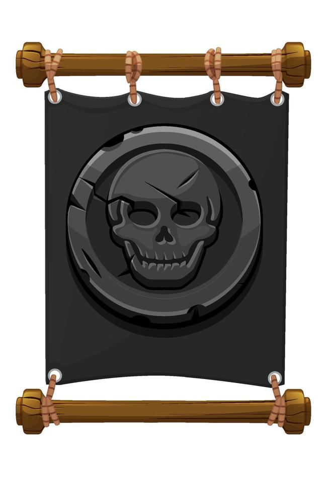 Banner black pirate mark, stone skull for the game. Vector illustration of gray fabric banner, coin old.