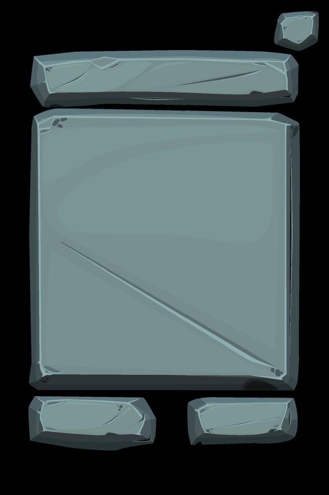 panel de banner de piedra, antigua interfaz de usuario gris. ilustración vectorial de una plantilla vacía con botones. vector
