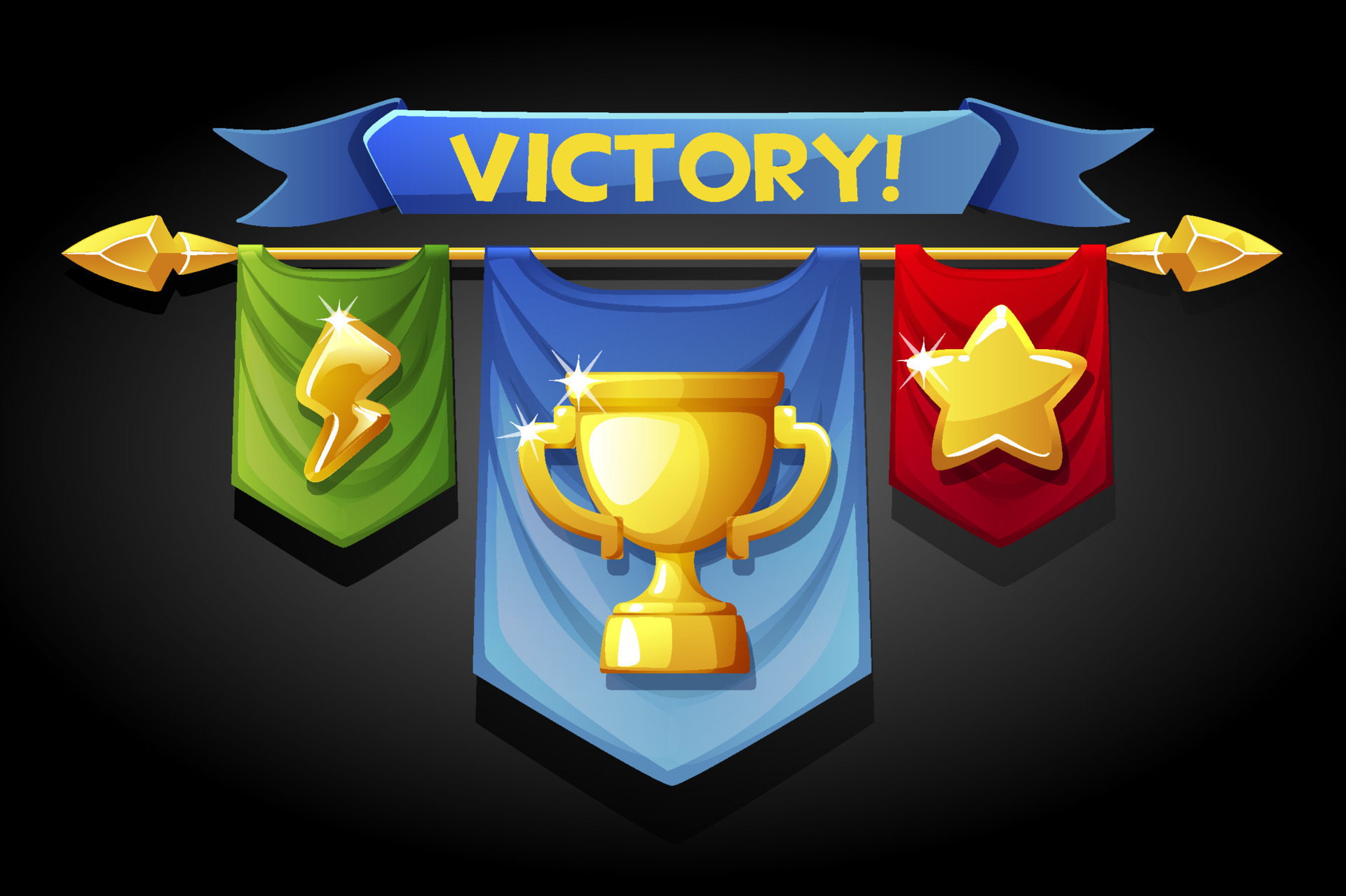 Victory banners, flags with golden cup icons for game assets. Vector