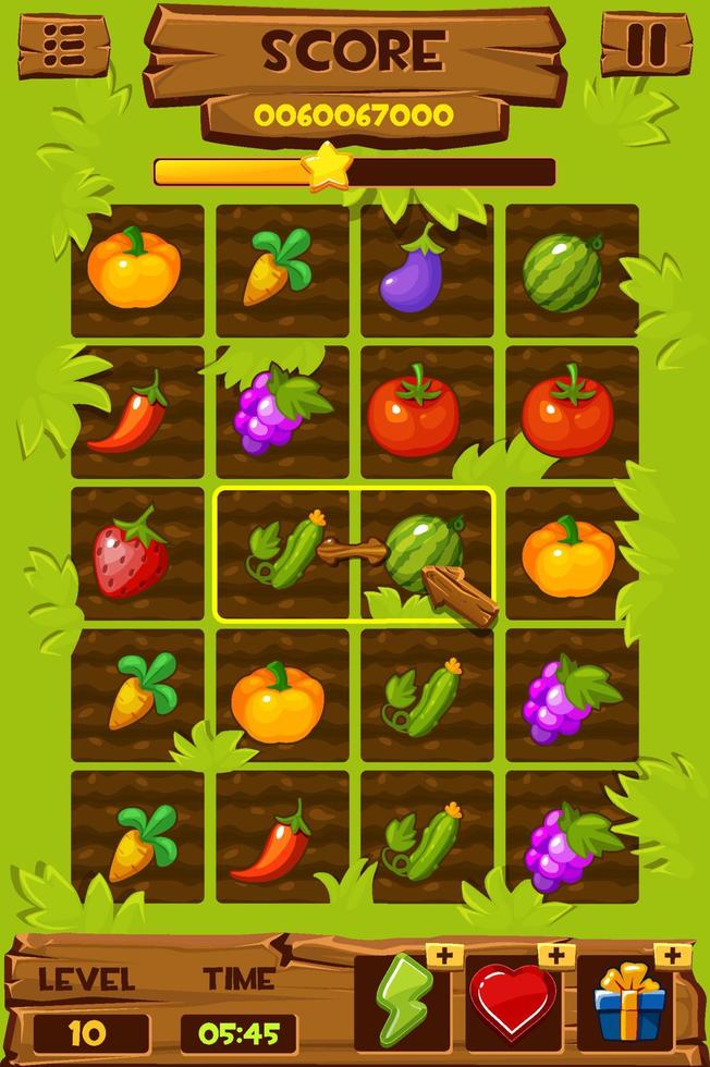 lechos de verduras, elementos de la interfaz de usuario del juego, iconos de juego 2d para el juego Match 3. ilustración vectorial de una granja de interfaz gráfica, crecen bayas y frutas. vector