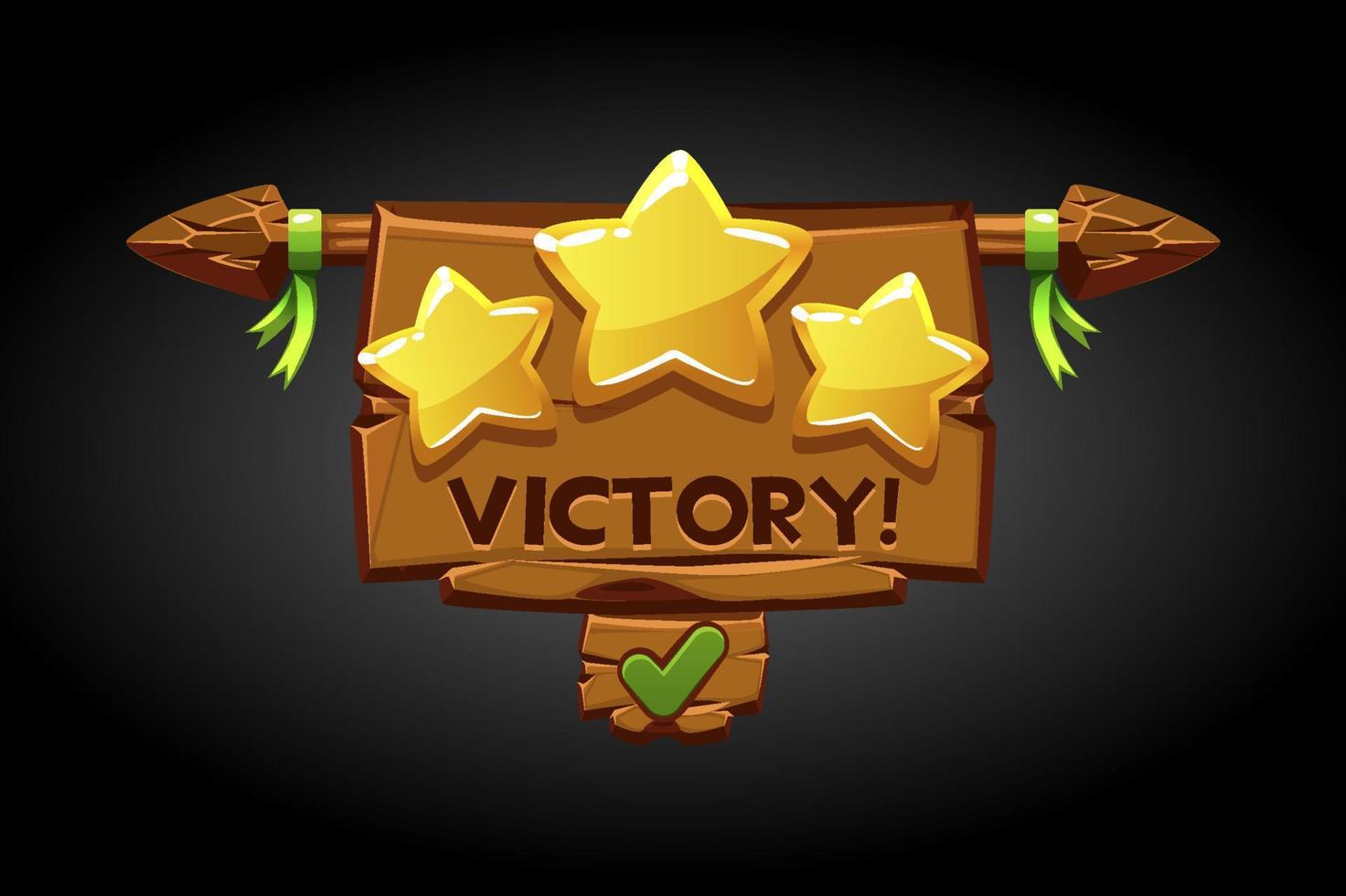 Victory pop-up, wooden old banner game assets. Vector illustration wooden board with stars for game rating, winner emblem, game window.