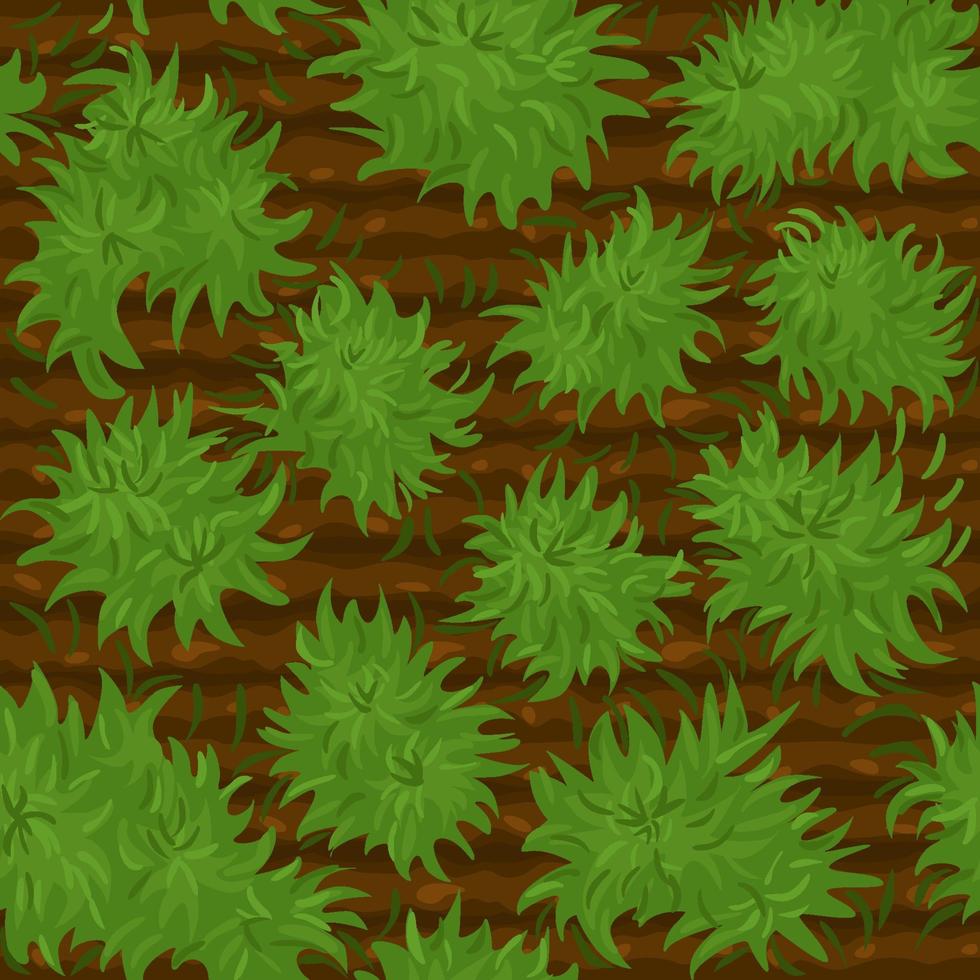 arbustos de patrones sin fisuras, textura del suelo con hierba verde para papel tapiz. fondo de ilustración vectorial con plantas terrestres al juego. vector