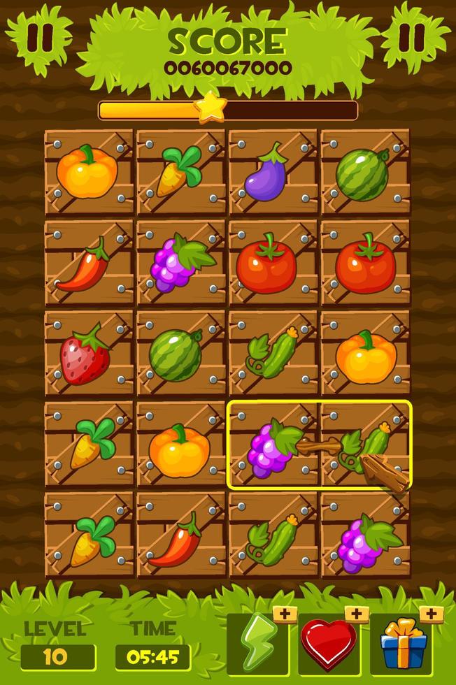 Game ui elements. 2d game icons and design elements. Vegetable Gardens, Field with wooden boxes and plants for the game match 3. Vector title banners and buttons set.