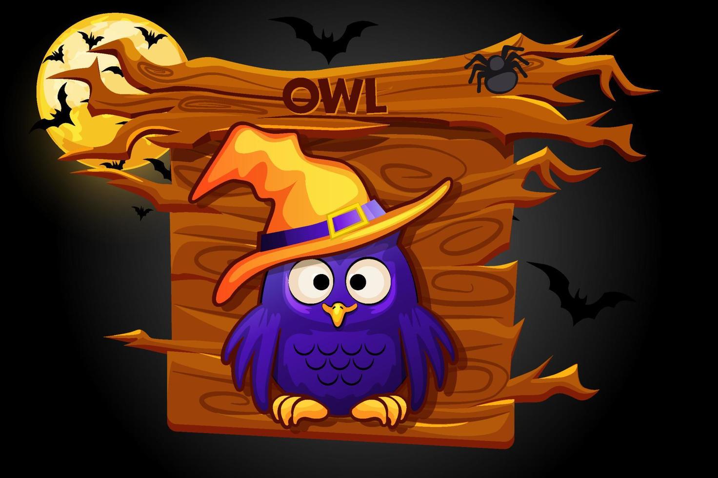 icono de juego de búho, banner de madera para interfaz gráfica de usuario. ilustración vectorial de una pancarta de halloween con pájaro y luna. vector