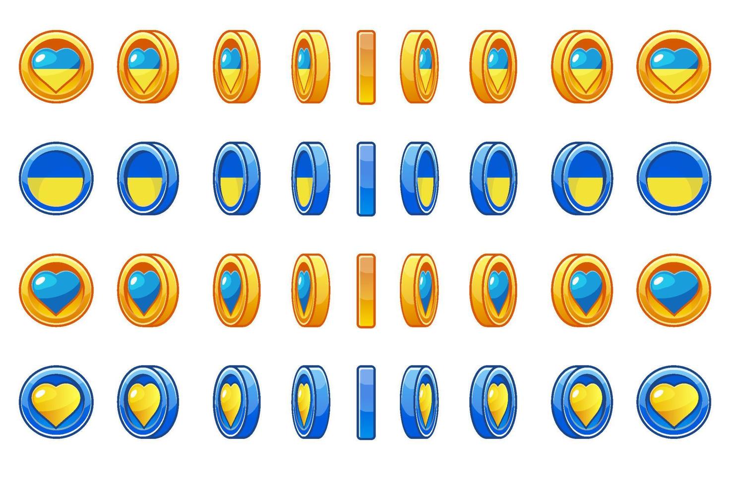 Set of rotating coins of Ukraine with heart for animation. The coin rotates in the colors of the Ukrainian flag for game design. Support for Ukraine vector