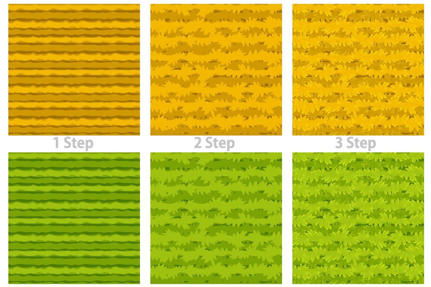 hierba de dibujos animados de textura transparente, 3 pasos dibujando hierba seca y verde para papel tapiz. patrón natural de ilustración vectorial, mejora de fondo para la interfaz gráfica de usuario del juego. vector