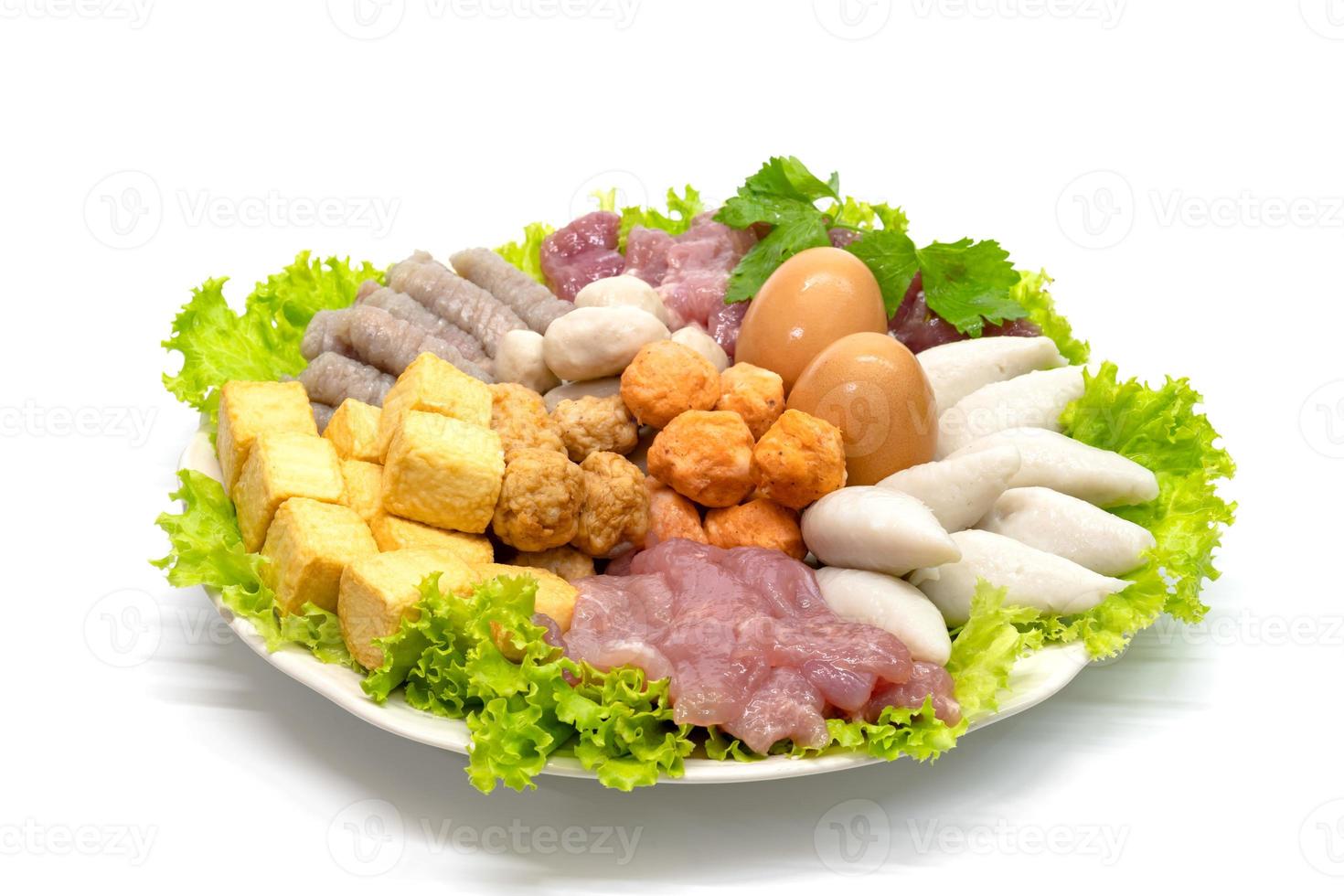 various fresh vegetables for sukiyaki on white background photo