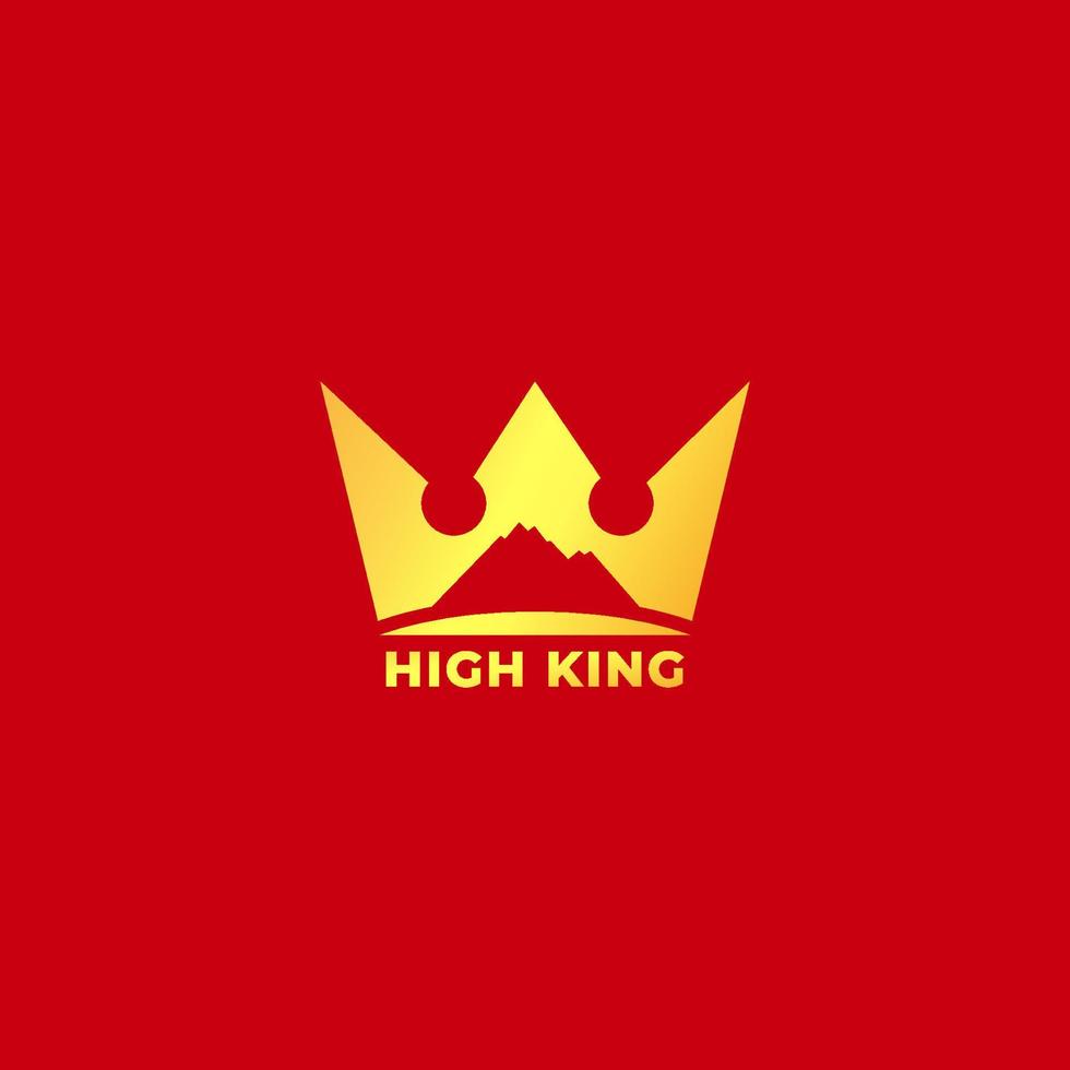 Gold High King logo vector illustration isolated on red color background. Mountain silhouette inside of crown logo design concept.