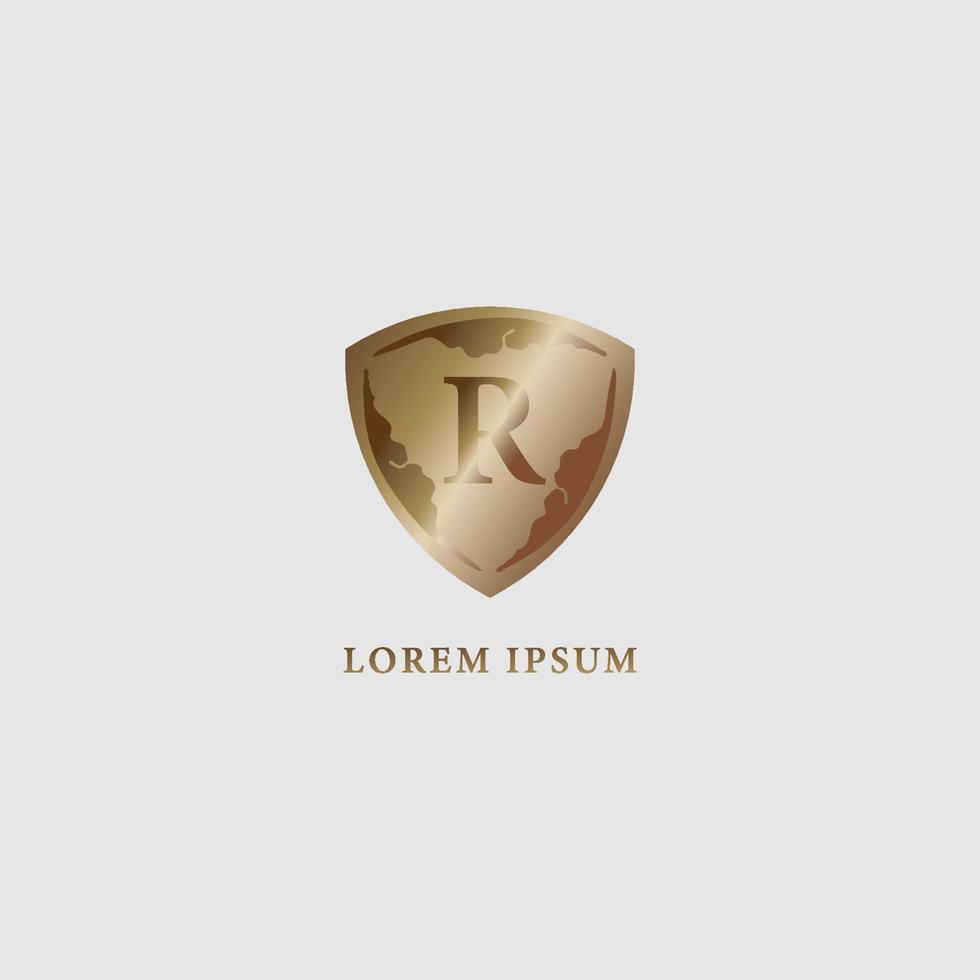 Letter R alphabet logo design template isolated on light gray background. Luxury gold decorative shield sign illustration. Security, protection logo concept. Initial abjad company logo vector