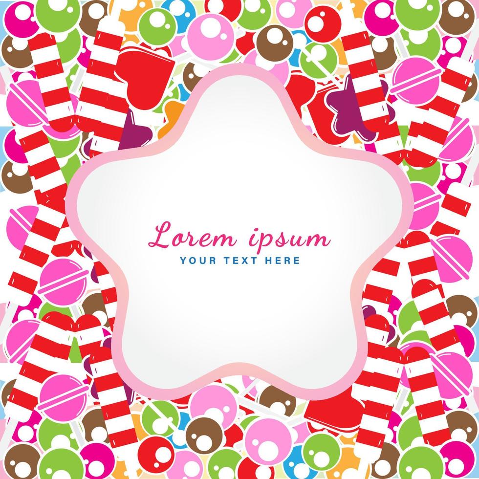 Vector illustration of colorful sweet candies with rounded star label. Design Template. Suitable for social media post, banner, greeting card or print media promotion