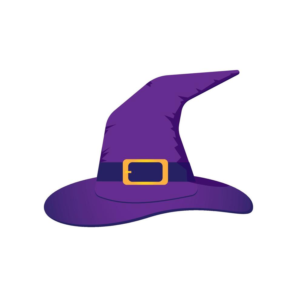 Vector illustration of purple witch hat with a gold buckle isolated on blank space. Halloween design element on white background.