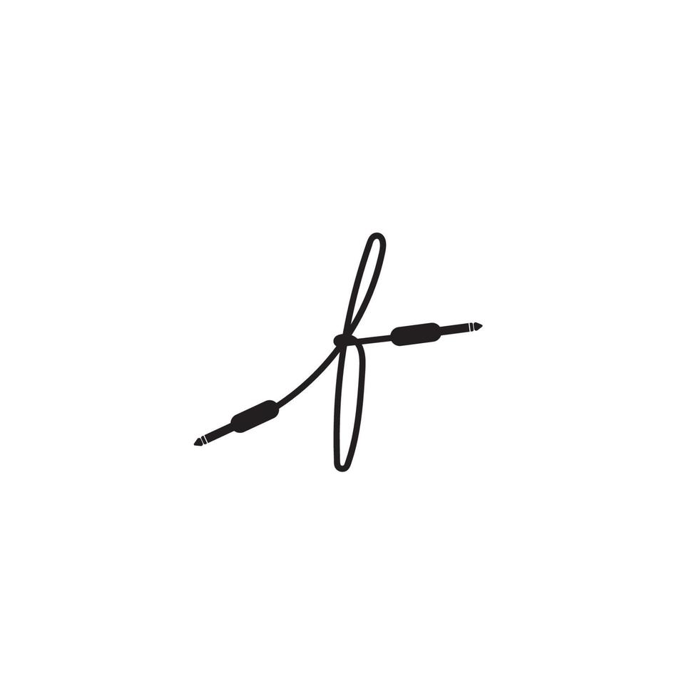 un concepto de logotipo de audio de conector de cable aislado. letra f plantilla de diseño de logotipo de alfabeto en minúsculas. escritura a mano, equipo de audio, sistema de sonido, instrumento. en blanco y negro vector