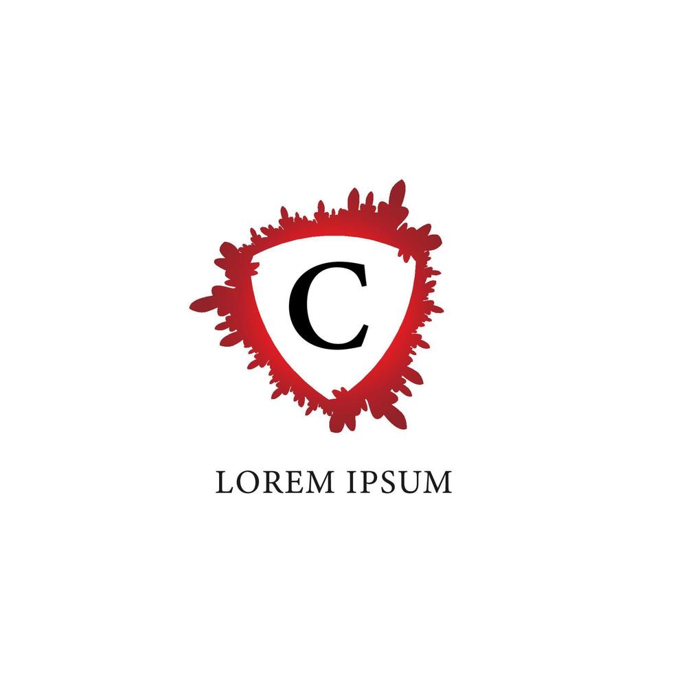 Letter C alphabet logo design template. Splash of blood with shield shape in the midle. Insurance, Protection, horror, security. Initial abjad logo concept Isolated on white background. vector