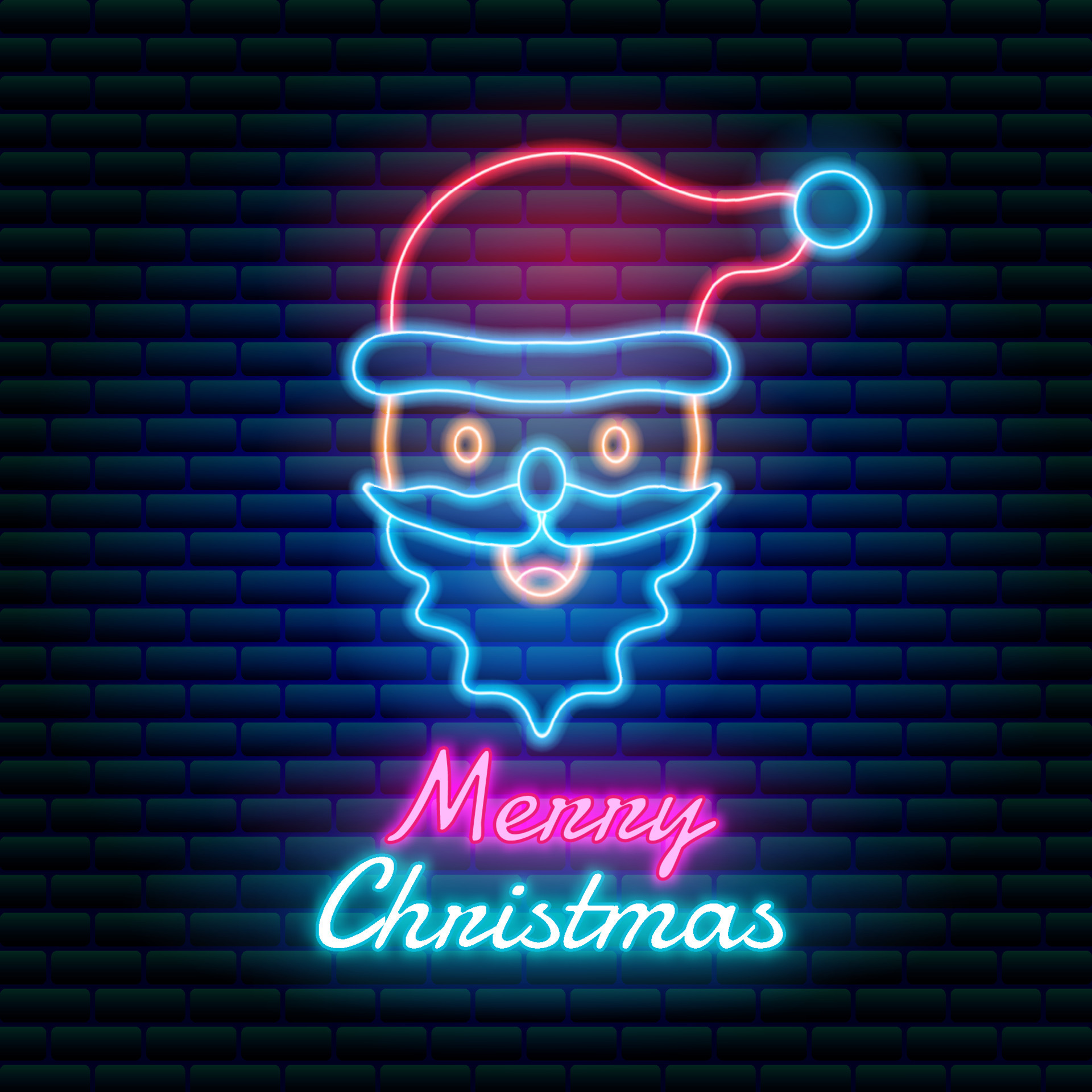 santa claus de neón brillante con fondo de pared de ladrillo oscuro y