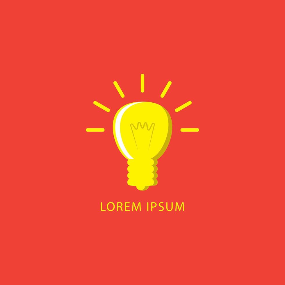 Cartoon glowing yellow light bulb vector illustration isolated on red orange color background. Idea, Ceative, Thinking, Inspiration logo design template.