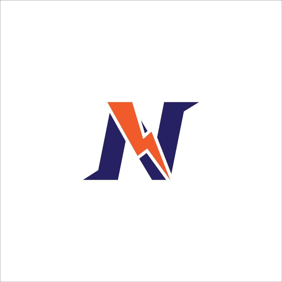 plantilla de diseño de logotipo inicial de letra n. alfabeto con concepto de logo de trueno. tema de color azul y naranja. aislado sobre fondo blanco vector