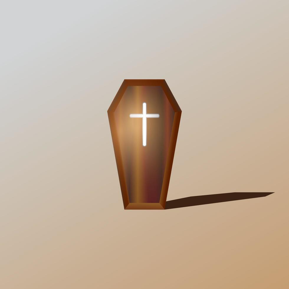 Realistic detailed wooden coffin with Christian Cross vector illustration. Horror or halloween design element.