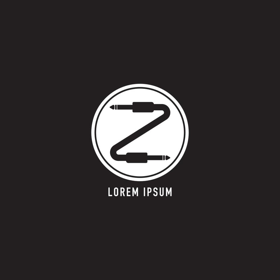 Cable jack logo concept forming Letter Z Alphabet with ellipse shape behind. Audio logo design template. Isolated, Audio equipment, sound system, instrument. Black and White vector