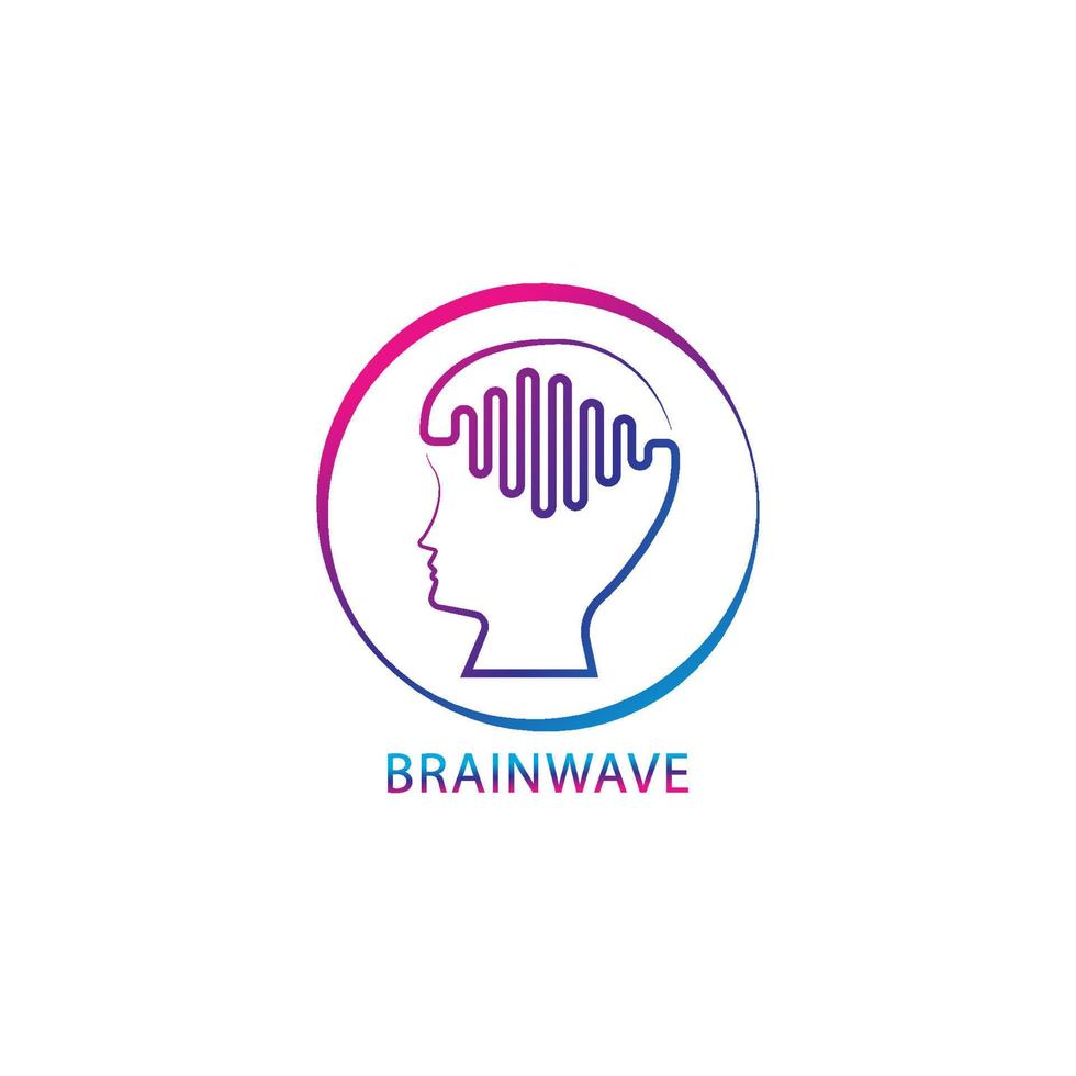 Colorful brainwave logo design template. Outlined people head with pulse signal wave logo concept. Blue Magenta violet purple gradation color. Isolated on white background vector
