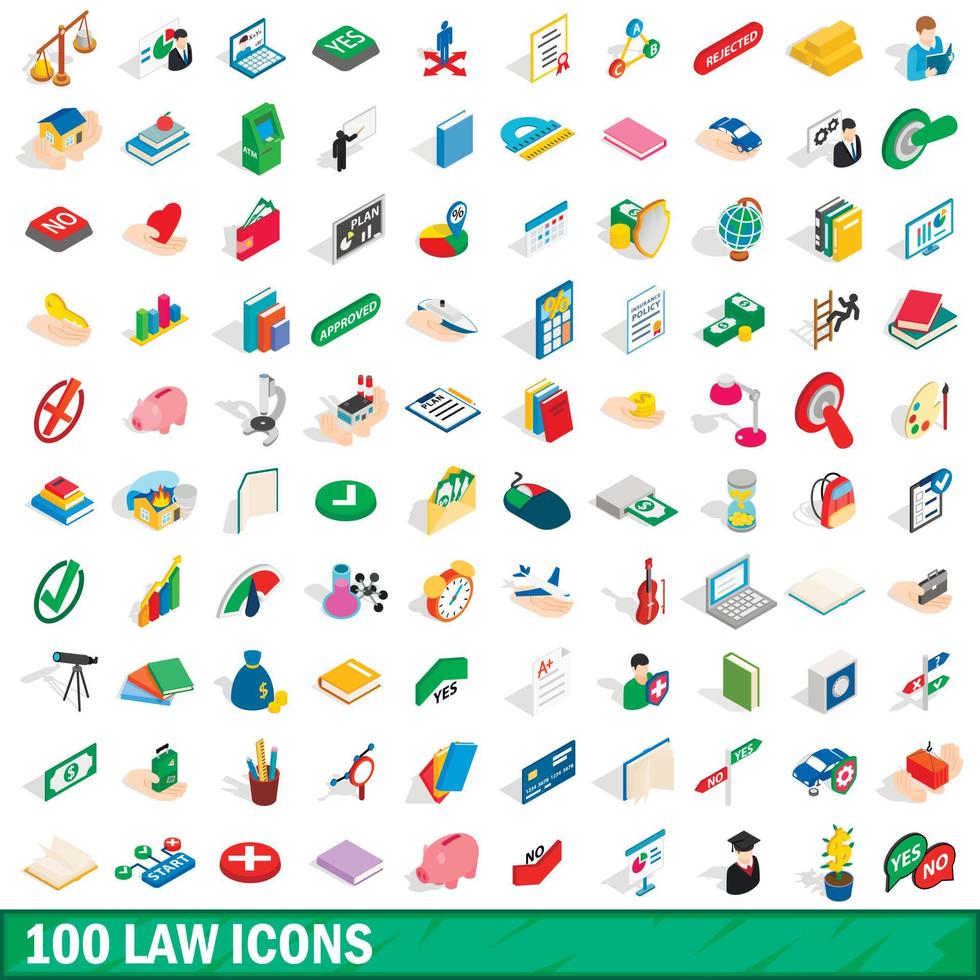 100 law icons set, isometric 3d style vector