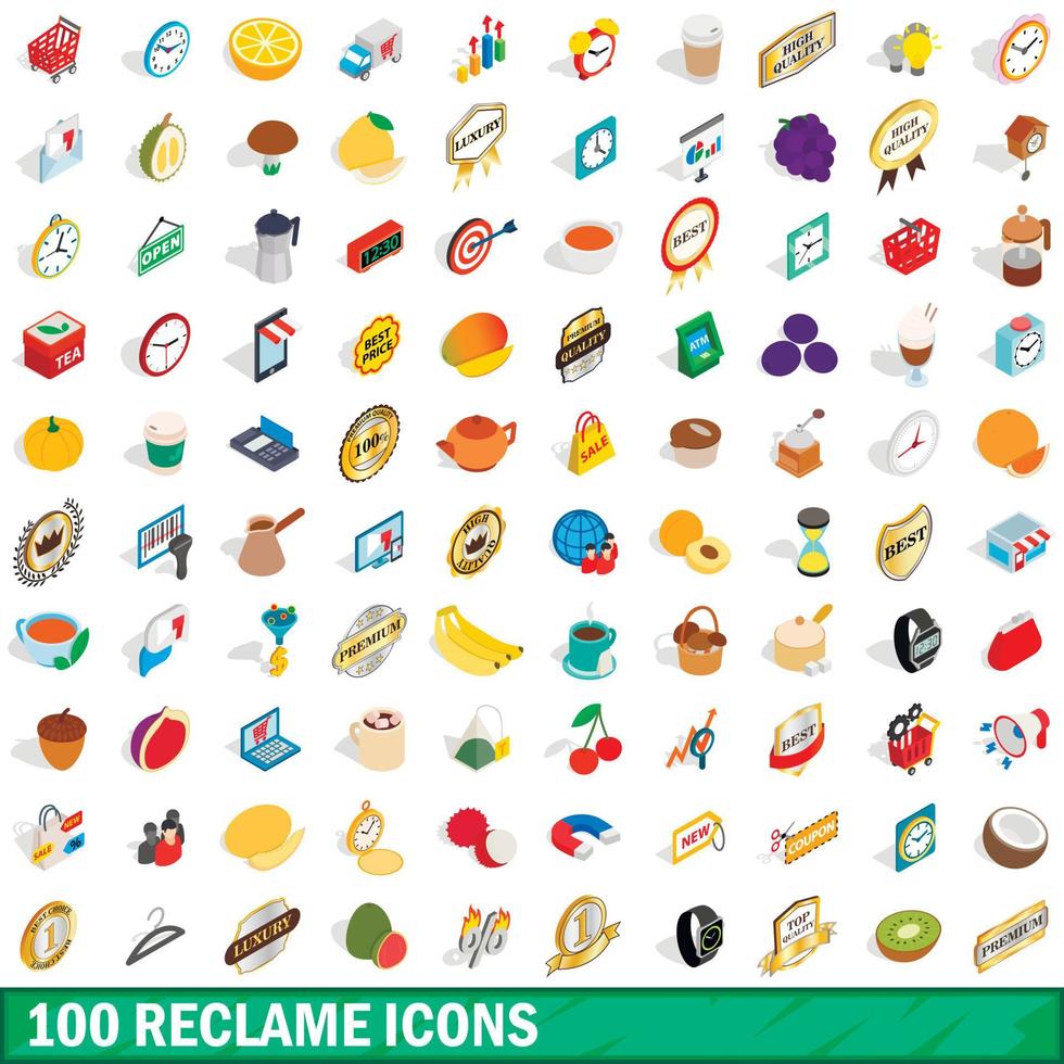 100 reclame icons set, isometric 3d style vector