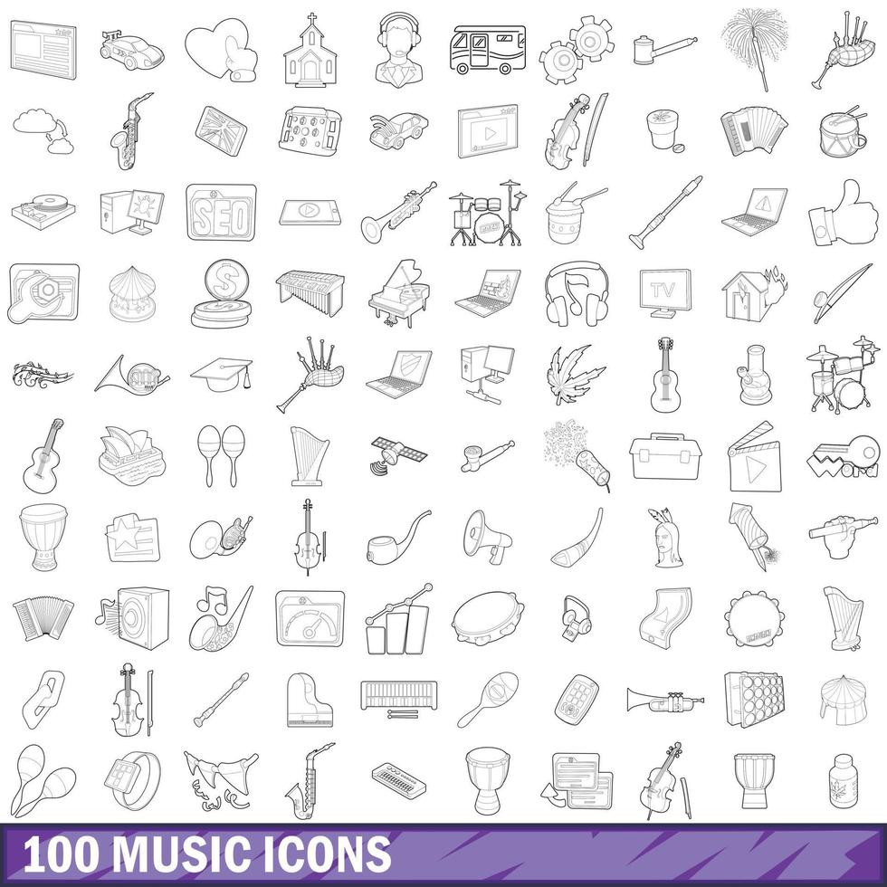 100 music icons set, outline style vector