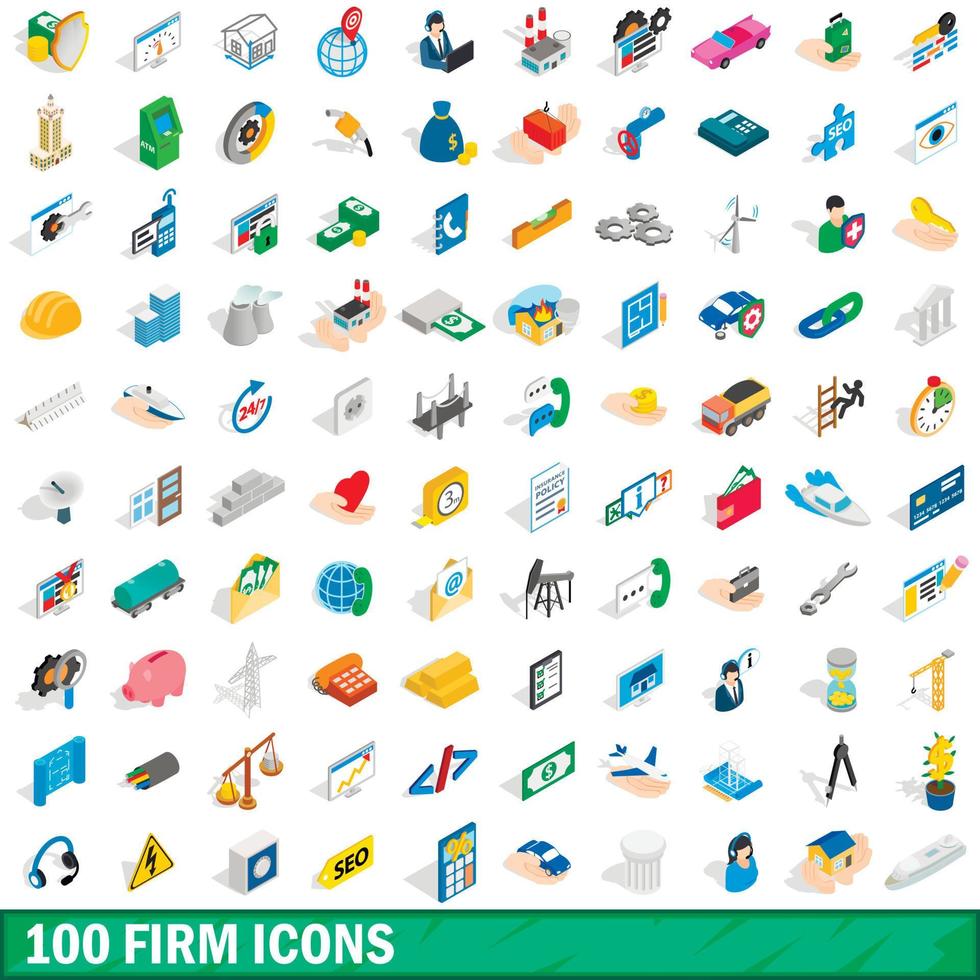 100 firm icons set, isometric 3d style vector