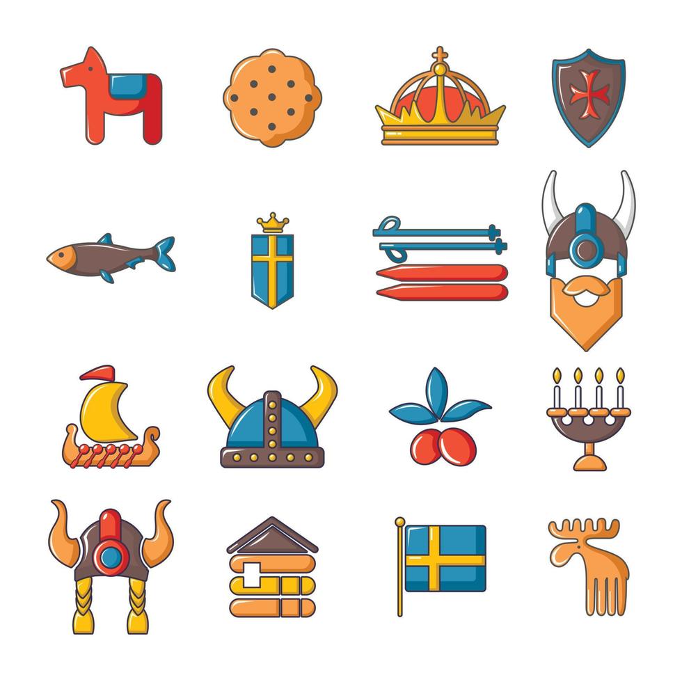 conjunto de iconos de viaje de suecia, estilo de dibujos animados vector
