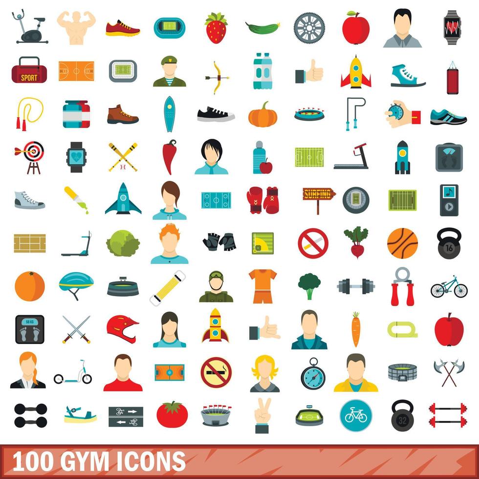 100 iconos de gimnasio, estilo plano vector