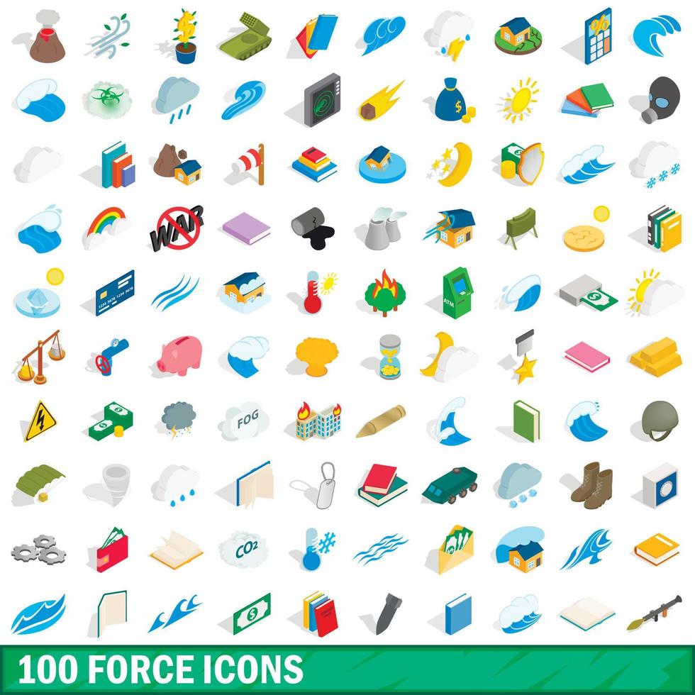 100 iconos de fuerza establecidos, estilo 3d isométrico vector