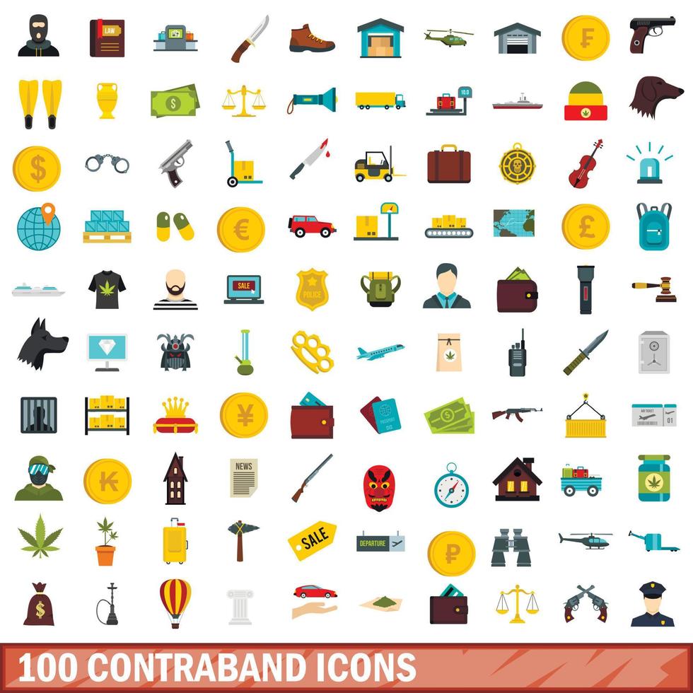 100 iconos de contrabando, estilo plano vector