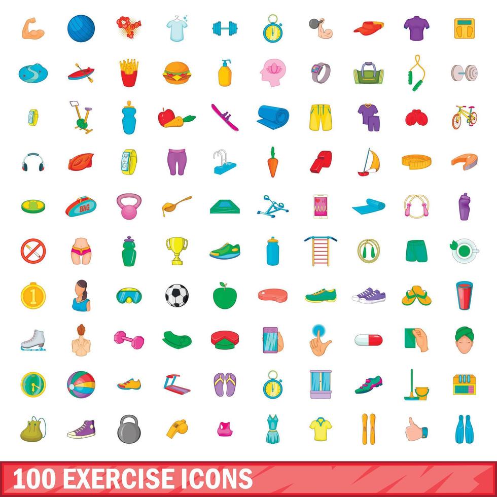 100 exercise icons set, cartoon style vector