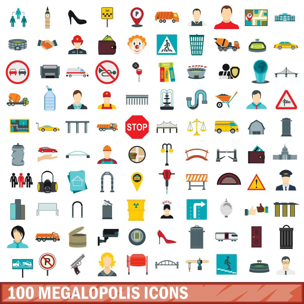 100 megalopolis icons set, flat style vector